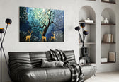 Golden Deers glass wall art styled above a bed in a fairy-tale child's room