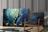 Golden Deers glass print enhancing a bedroom with serene wonder
