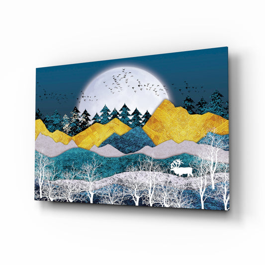 Illustration Landscape glass wall art displayed above a console in a designer interior
