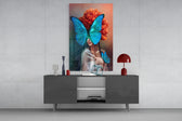 Butterfly Woman panel catching gallery light to reveal its painterly haze