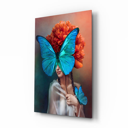 Butterfly Woman glass wall art displayed above a console in a designer interior