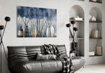 Vases and Trees glass wall art styled above a sideboard in a dining room