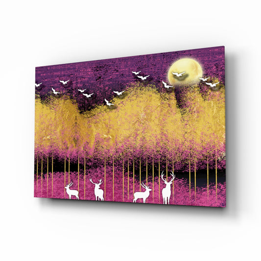 Birds and Deers glass wall art displayed above a console in a designer interior