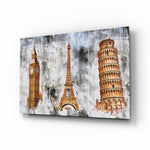 Famous Towers glass wall art displayed above a console in a designer interior
