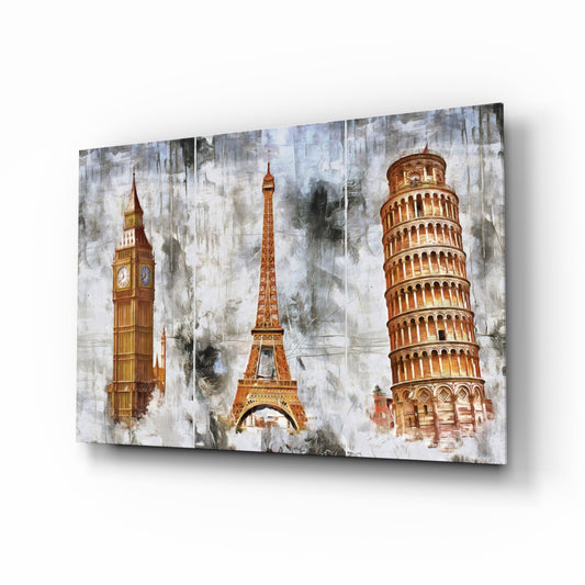 Famous Towers glass wall art displayed above a console in a designer interior