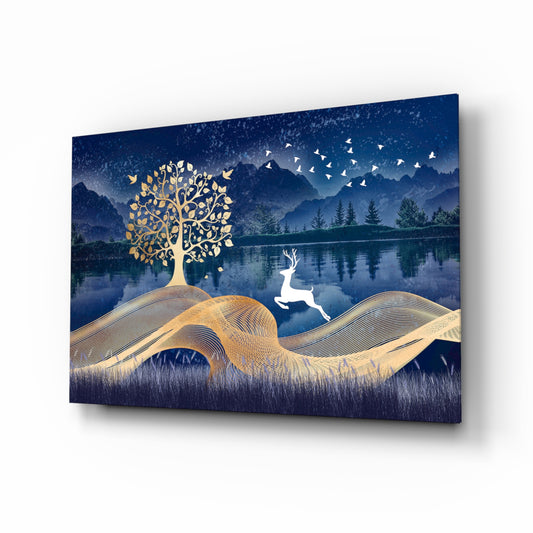 Magic Deer glass wall art displayed above a console in a designer interior