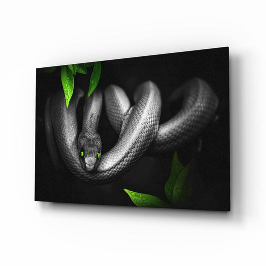Snake glass wall art displayed above a console in a designer interior