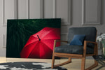 Red Umbrella glass print enhancing a bedroom with painterly pulse