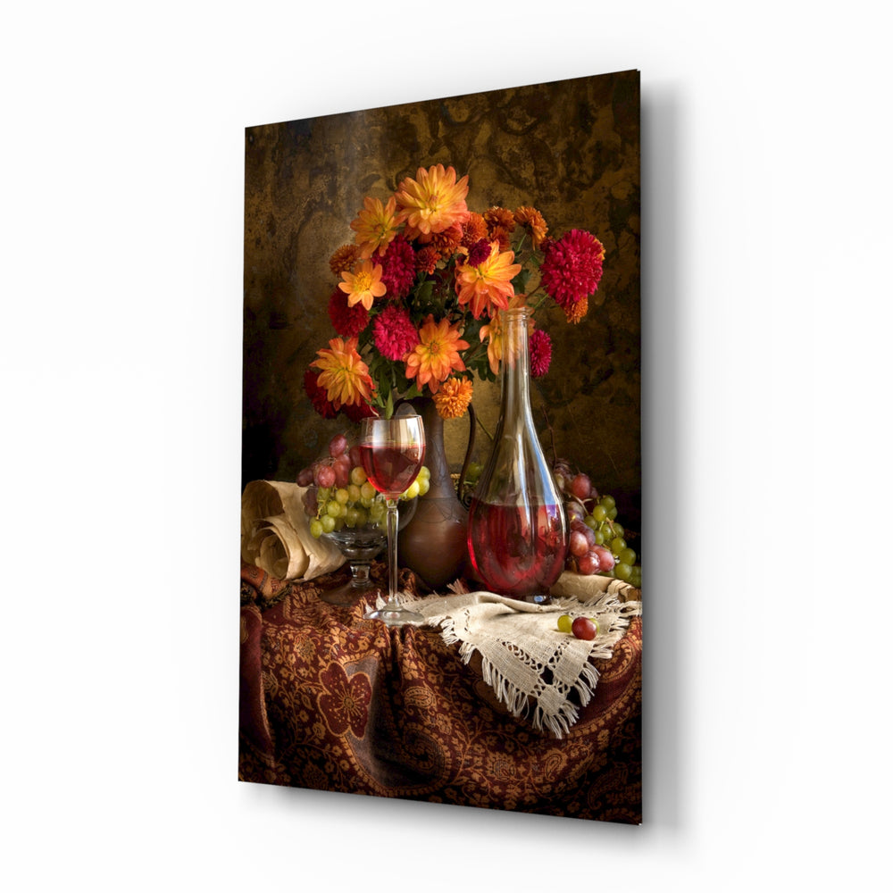 Chalice and Flowers glass wall art displayed above a console in a designer interior