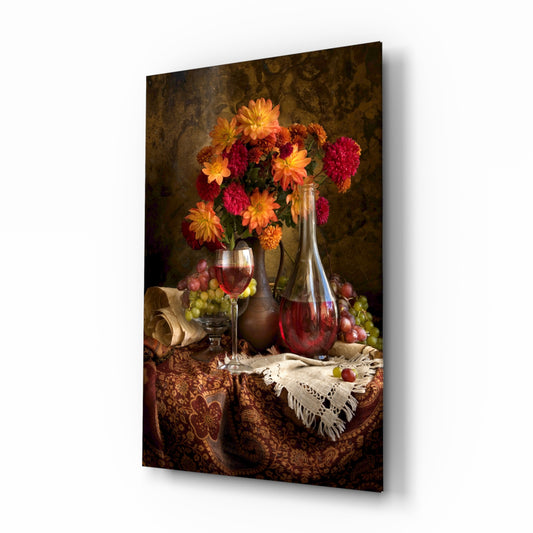 Chalice and Flowers glass wall art displayed above a console in a designer interior