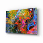 Color Explosion glass wall art displayed above a console in a designer interior