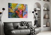 Color Explosion glass wall art styled above a desk in a creative teen room