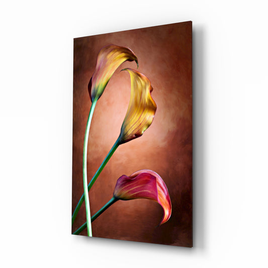 Tulips glass wall art displayed above a console in a designer interior