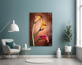 Tulips glass wall art styled above a vanity in a powder room