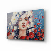 Women and Flowers glass wall art displayed above a console in a designer interior