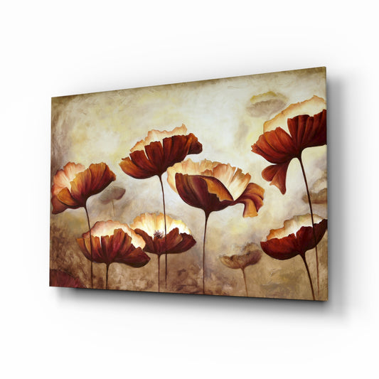 Poppy glass wall art displayed above a console in a designer interior