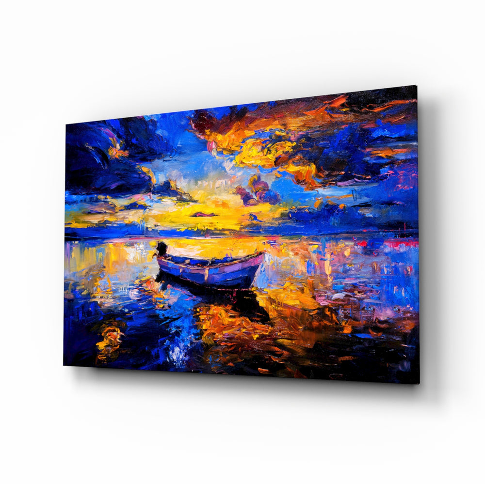 Dark Blue Sunset glass wall art displayed above a console in a designer interior