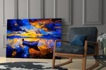 Dark Blue Sunset glass print enhancing a hallway with horizon poetry