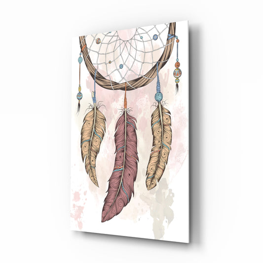 Dreamcatcher glass wall art displayed above a console in a designer interior