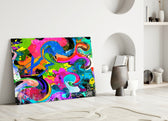Close-up detail of neon magenta and cyan swirls with arrow stencils