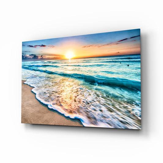 Sunset glass wall art displayed above a console in a designer interior