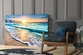 Sunset glass print enhancing a sunroom with vacation drama