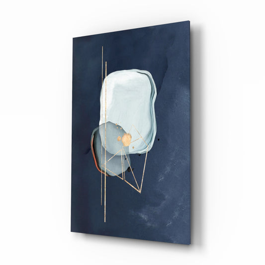 Abstract Blue glass wall art displayed above a console in a designer interior