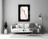 Close-up detail of inky serpentine line winding through blush rectangle