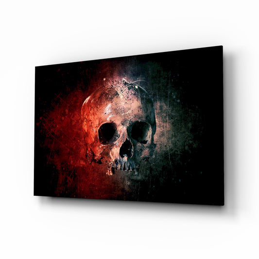 Skull glass wall art displayed above a console in a designer interior