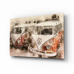 Vosvos Minibus glass wall art displayed above a console in a designer interior