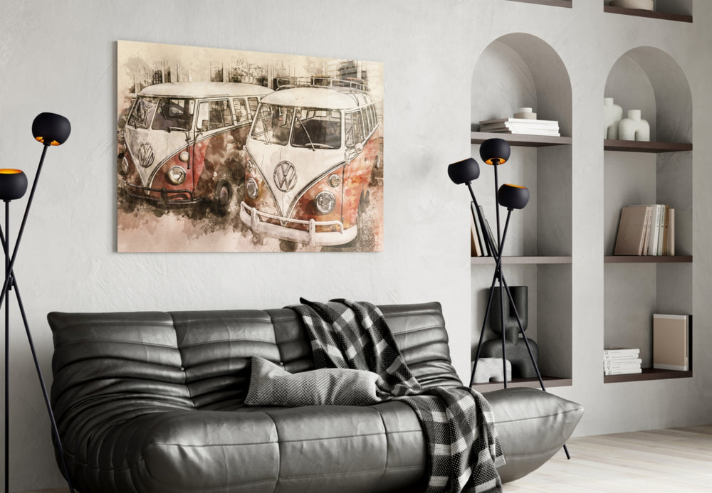Vosvos Minibus glass wall art styled above a desk in a vintage-mood study