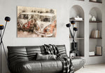 Vosvos Minibus glass wall art styled above a desk in a vintage-mood study