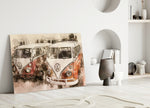 Close-up detail of scarlet-and-cream Kombi coachwork in watercolor
