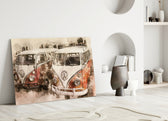 Close-up detail of scarlet-and-cream Kombi coachwork in watercolor