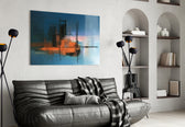 Abstract Silhouette glass wall art styled above a desk in an editorial study