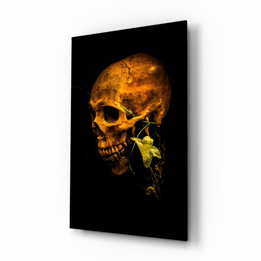 Flower and Skull glass wall art displayed above a console in a designer interior