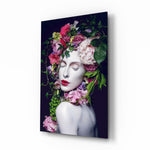 Flower and Woman glass wall art displayed above a console in a designer interior