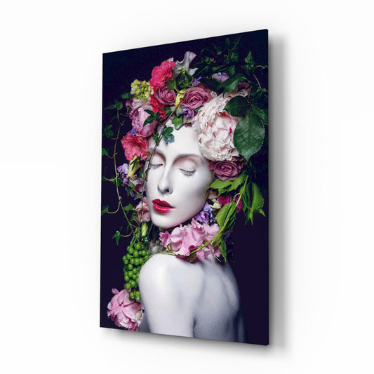 Flower and Woman glass wall art displayed above a console in a designer interior