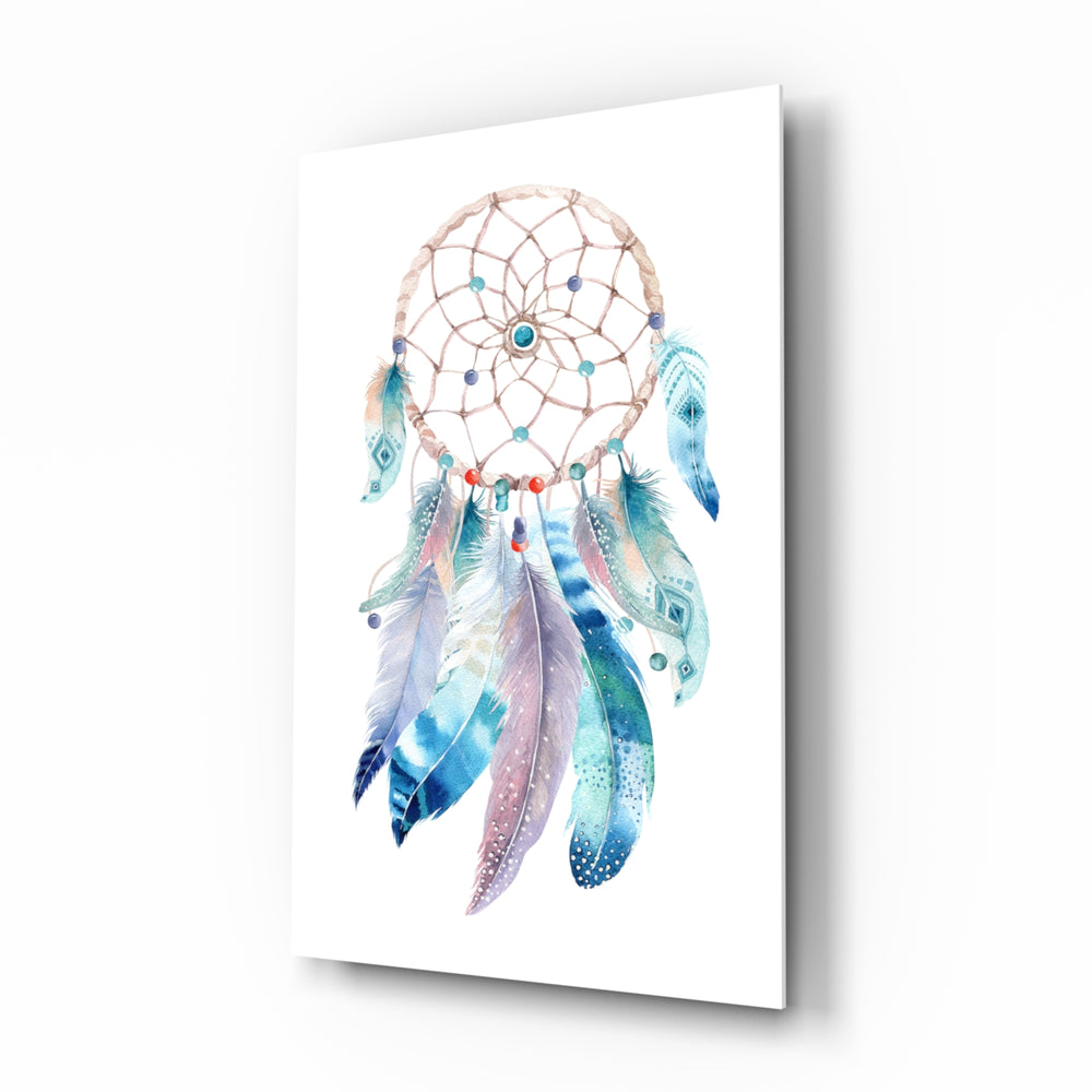 Dreamcatcher glass wall art displayed above a console in a designer interior