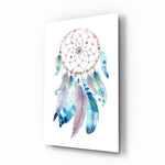 Dreamcatcher glass wall art displayed above a console in a designer interior