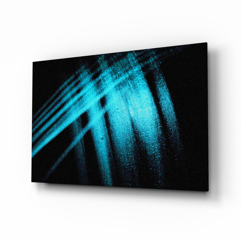 Blue Lights glass wall art displayed above a console in a designer interior
