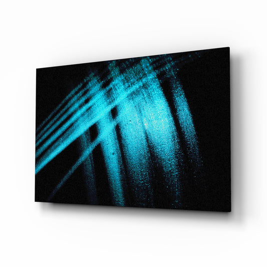 Blue Lights glass wall art displayed above a console in a designer interior