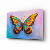 Butterfly glass wall art displayed above a console in a designer interior
