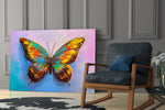 Butterfly glass print enhancing a powder room with romantic drama