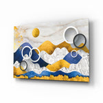 Colorful Mountains glass wall art displayed above a console in a designer interior