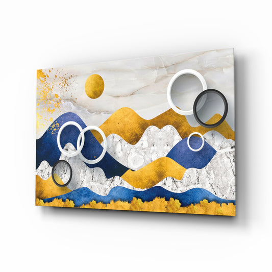 Colorful Mountains glass wall art displayed above a console in a designer interior
