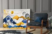Colorful Mountains glass print enhancing a lounge with editorial mood