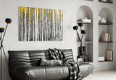 Yellow Forest glass wall art styled above a bed in a hygge bedroom