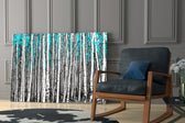 Blue Forest glass print enhancing a foyer with woodland drama