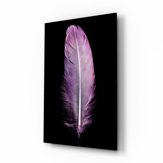 Purple Feather glass wall art displayed above a console in a designer interior
